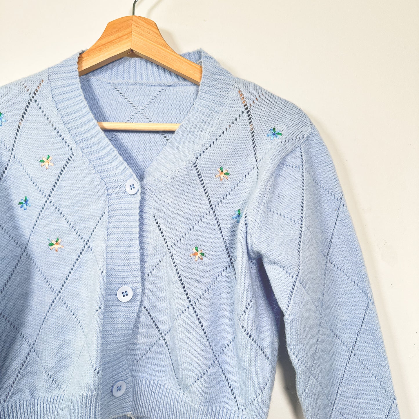 Vintage Kids Cropped Blue Cardigan with Embroidered Flowers - Size 8-10yr